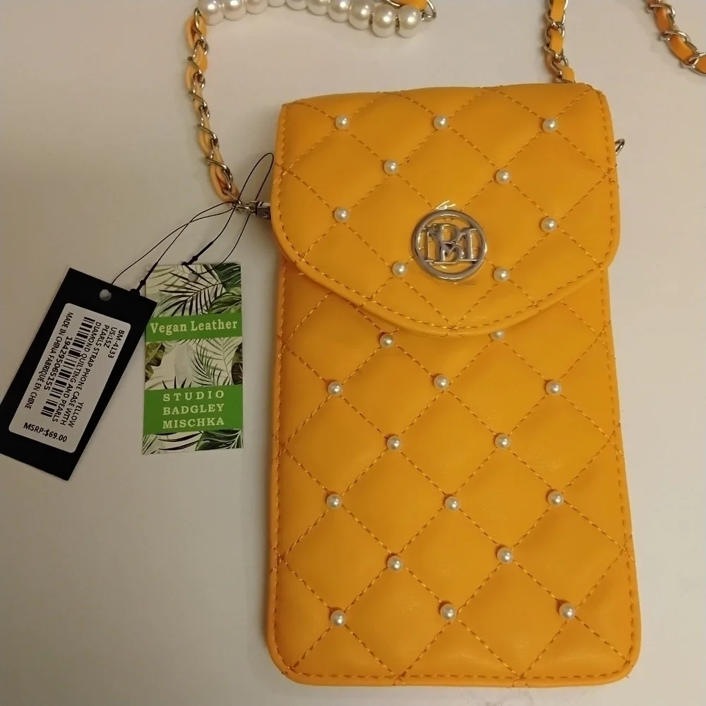 Badgley Mischka Limited Edition Yellow Vegan Quilted Studded Pearls Phon…